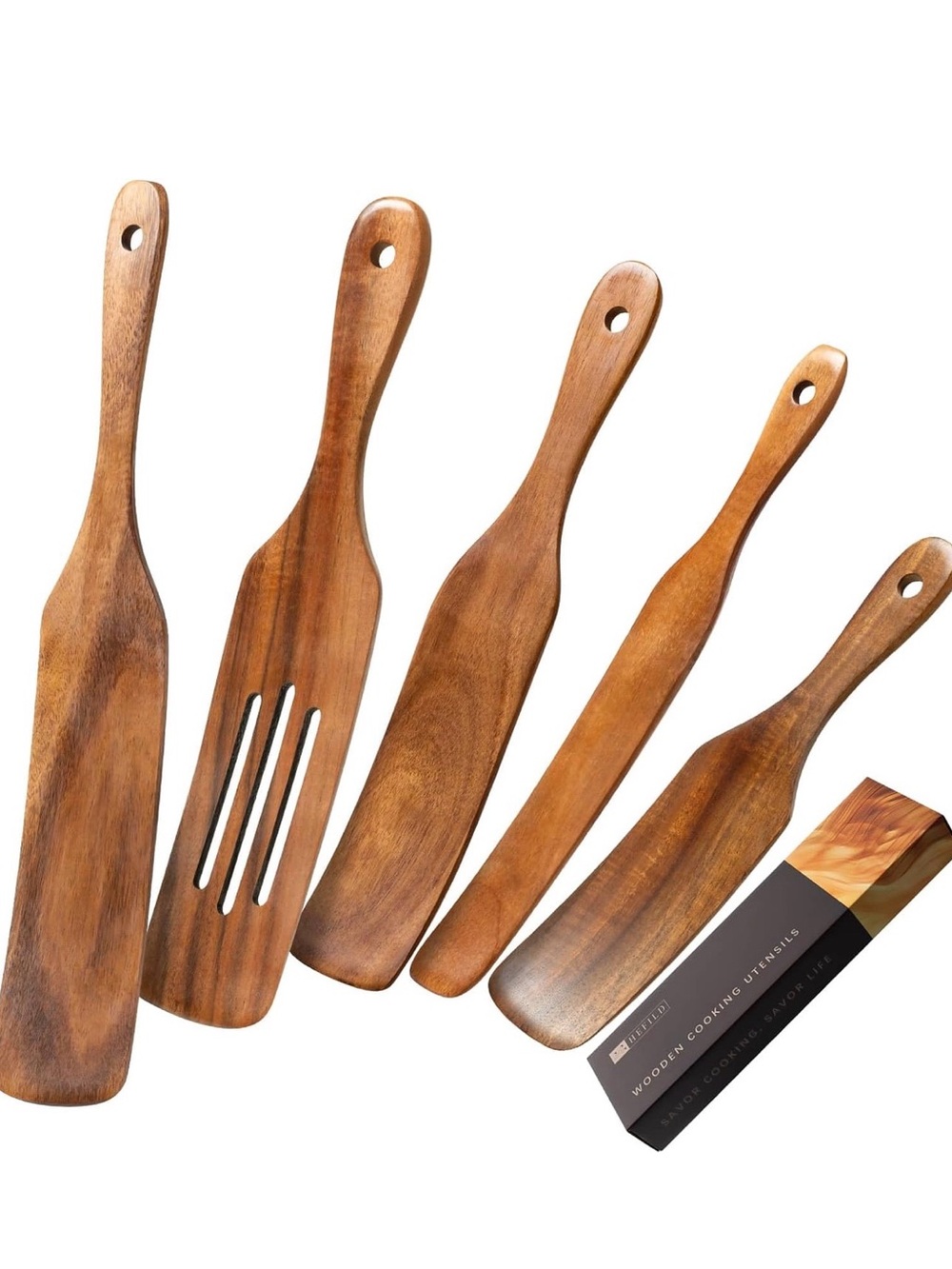 Wooden Spatulas for Cooking, 5-Piece Teak Spurtle Set, Smooth Finish